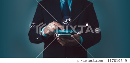 Businessman holding smartphone and showing business global connection, Business global internet connection application technology and digital marketing, Financial and banking, Digital link tech. 117819849