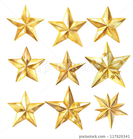 A set of nine gold stars are arranged in a row. The stars are all the same size and shape, and they are all facing the same direction. The stars are arranged in a way that creates a sense of symmetry 117820341