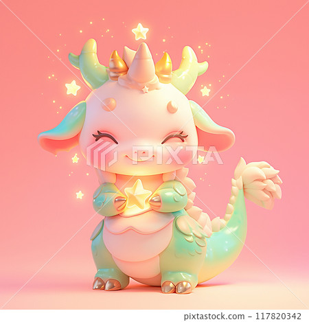 Zodiac sign Capricorn with horns and stars on its head sits on a pink background. 117820342