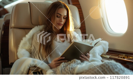 Elegant woman reading a book in a private jet with a cozy, luxurious interior and soft lighting Elegant woman reading a book in a private jet with a cozy, luxurious interior and soft lighting 117820891