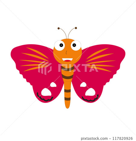 Cartoon butterfly illustration. Cute smiling character for childish design. Flat vector illustration isolated on white background. Cartoon butterfly illustration. Cute smiling character for childish design. Flat vector illustration isolated on white background. 117820926