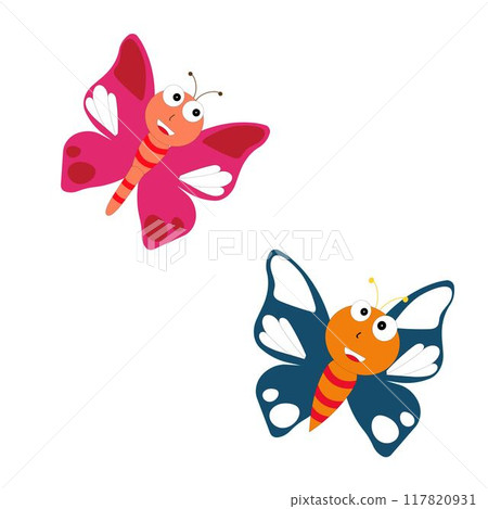 Cartoon butterfly illustration. Cute smiling character for childish design. Flat vector illustration isolated on white background. 117820931
