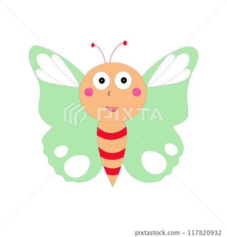 Cartoon butterfly illustration. Cute smiling character for childish design. Flat vector illustration isolated on white background. 117820932