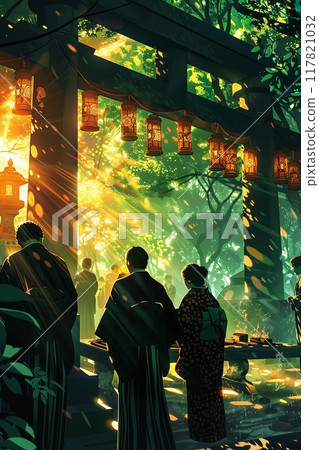 Serene Obon festival scene with people in traditional attire under lantern-lit arches in a lush forest 117821032