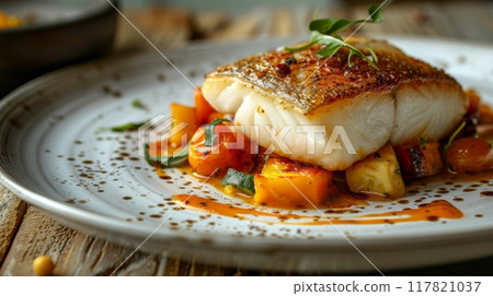 A close-up shot of a perfectly grilled plaice fillet served with colorful, roasted vegetables on a white ceramic plate A close-up shot of a perfectly grilled plaice fillet served with colorful, roasted vegetables on a white ceramic plate 117821037