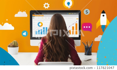 A woman analyzing graphs and charts on a computer screen, with a colorful background featuring clouds 117821047