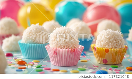 Festive Beijinho coconut candies in colorful wrappers, surrounded by vibrant balloons and confetti 117821048