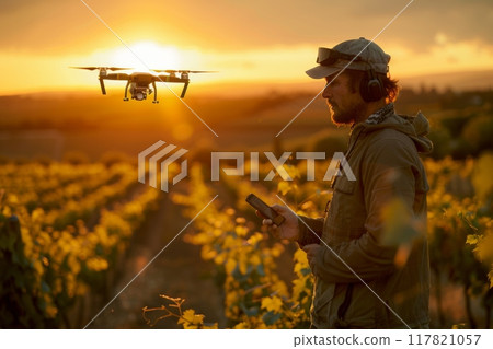 A farmer pilots a drone over his vineyard at sunset, utilizing advanced technology to monitor A farmer pilots a drone over his vineyard at sunset, utilizing advanced technology to monitor 117821057