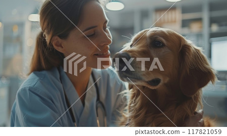 Veterinarian in scrubs bonding with a golden retriever, epitomizing compassionate pet care Veterinarian in scrubs bonding with a golden retriever, epitomizing compassionate pet care 117821059