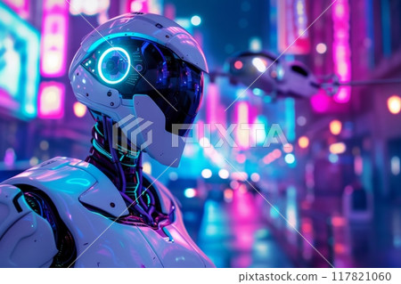 A futuristic robotics project poster showcasing a sleek humanoid robot with a metallic and white finish A futuristic robotics project poster showcasing a sleek humanoid robot with a metallic and white finish 117821060