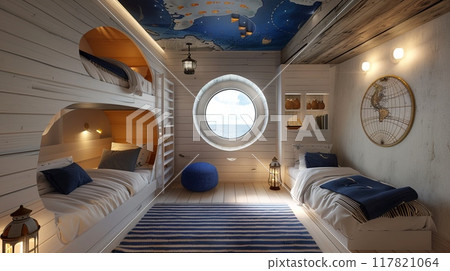 Charming nautical-themed kids bedroom with white wooden bunk beds and a single bed Charming nautical-themed kids bedroom with white wooden bunk beds and a single bed 117821064