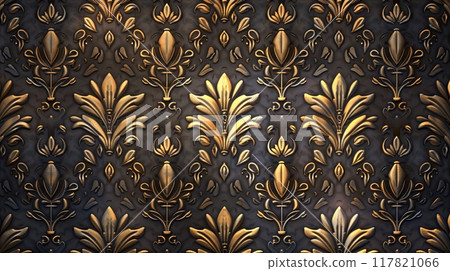 An intricate Mughal pattern featuring floral motifs and paisleys, arranged in a symmetrical, repeating design 117821066