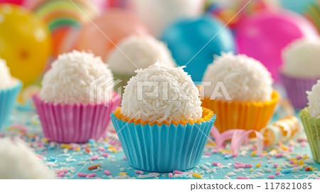 A delightful display of beijinho coconut candies in colorful cupcake liners, surrounded by festive decorations. A delightful display of beijinho coconut candies in colorful cupcake liners, surrounded by festive decorations. 117821085