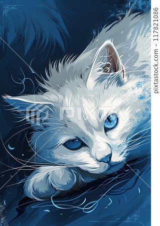 Stylized illustration of a white cat with striking blue eyes, resting against a dark blue background Stylized illustration of a white cat with striking blue eyes, resting against a dark blue background 117821086