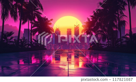 A futuristic cityscape at sunset with neon pink and yellow skies, palm trees silhouetted against the horizon A futuristic cityscape at sunset with neon pink and yellow skies, palm trees silhouetted against the horizon 117821087