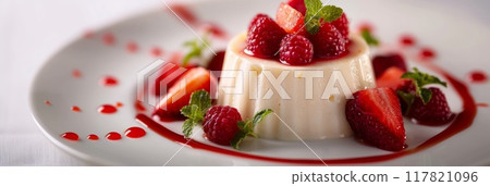 A beautifully plated panna cotta dessert topped with fresh raspberries, strawberries, and mint leaves 117821096
