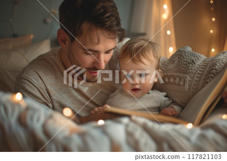 Tender moment of father and child during storytime in a cozy nook Tender moment of father and child during storytime in a cozy nook 117821103