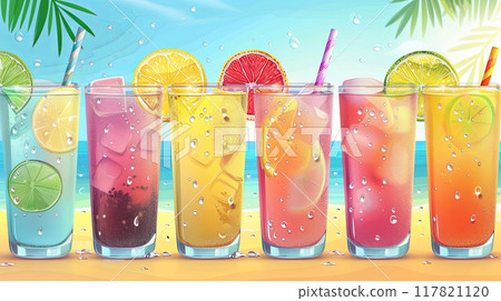 Vibrant illustration of six colorful, refreshing summer drinks in tall glasses, each garnished with citrus slices 117821120