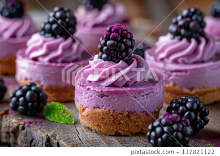 Exquisite blackberry cheesecake mini desserts with a crumbly biscuit base and creamy purple filling 117821122