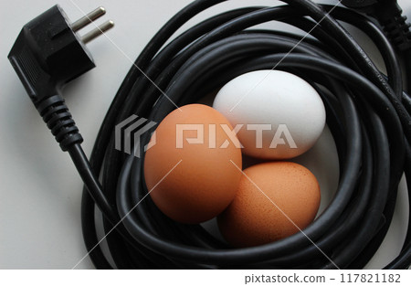 Three Colored Eggs In A Nest Made With Black Electrical Cables With Power Plug 117821182