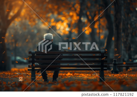 Man sitting alone on bench littered with autumn leaves 117821192
