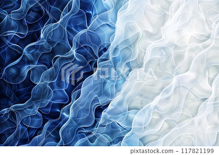 A digital art piece showcasing an intricate pattern of flowing, translucent wave-like shapes in shades of indigo 117821199