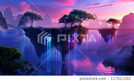 A surreal landscape of floating islands with cascading waterfalls, set against a vibrant, colorful sky. 117821202