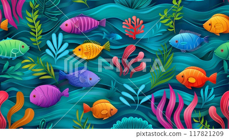 Vibrant underwater scene with colorful fish, coral, and various aquatic plants against a deep blue background. 117821209