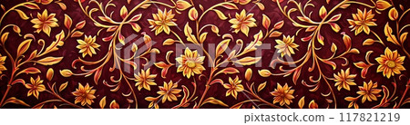 Mughal pattern with detailed floral and vine elements in warm maroon and gold tones on a dark red background 117821219