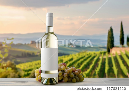 Bottle of white wine with an empty label on a wooden table, accompanied by grapes, set against a Tuscan vineyard 117821220