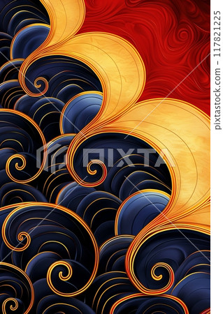 Elegant abstract design inspired by Asian textiles featuring intricate swirls in gold, red, and dark blue 117821225