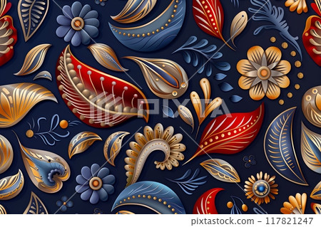 Elegant paisley pattern with intricate floral and leaf elements in red, blue, and gold on a dark background 117821247