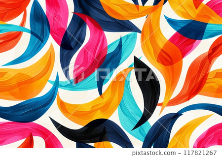 A vibrant abstract pattern featuring interlocking shapes in bold colors of orange, blue, pink, and black 117821267