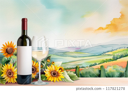 Watercolor painting of a wine bottle with an empty label and a glass of wine on a table, surrounded by sunflowers Watercolor painting of a wine bottle with an empty label and a glass of wine on a table, surrounded by sunflowers 117821278