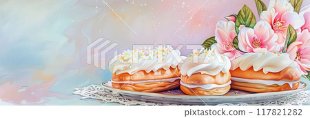 An enchanting illustration of eclairs with white icing and floral decorations on a lace-covered plate 117821282
