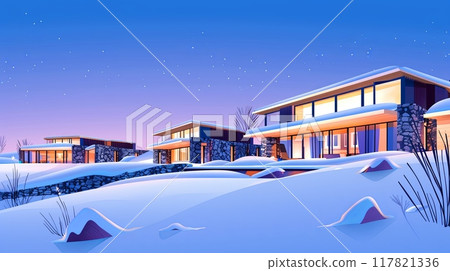 Illustration of a modern alpine resort with multiple sleek buildings featuring large windows, set in a snowy landscape 117821336