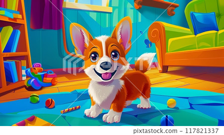 Cartoon illustration of a happy Corgi puppy with big, expressive eyes in a colorful living room with toys 117821337