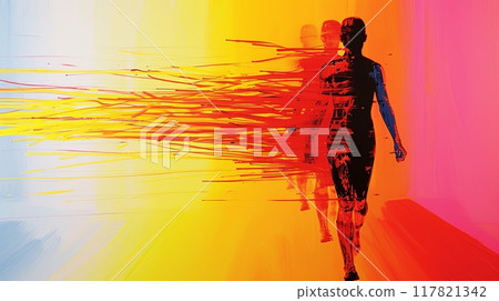 Abstract contemporary art piece featuring a silhouetted human figure walking with dynamic brushstrokes 117821342