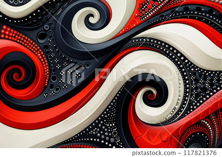 Bold digital art featuring a paisley pattern in black, white, and red with a smooth gradient background Bold digital art featuring a paisley pattern in black, white, and red with a smooth gradient background 117821376
