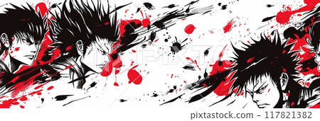 A comics pattern featuring manga-inspired characters with intense expressions and dynamic action lines 117821382