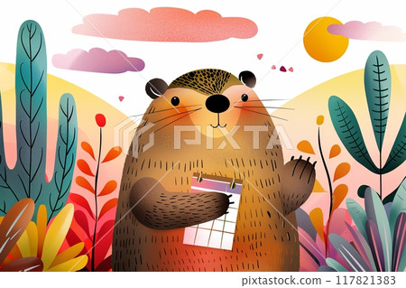 A playful illustration of a groundhog holding a tiny calendar on Groundhog Day 117821383