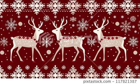 Charming Christmas pattern featuring white reindeer, snowflakes, and decorative motifs on a deep red background 117821387