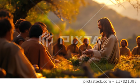 Serene scene of Jesus with disciples at golden hour 117821395