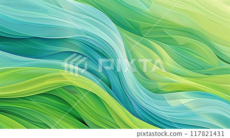 Abstract background with flowing, translucent waves in shades of green and blue, creating a dynamic and fluid effect 117821431
