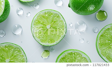 Fresh limes and lime slices with water droplets on a light background 117821433
