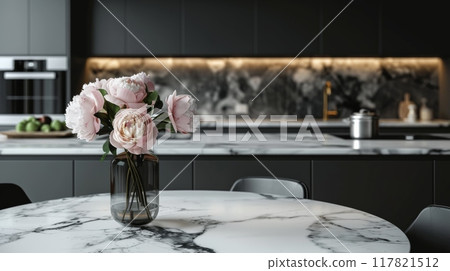 Modern kitchen with sleek black cabinetry and marble countertops. A vase with pink peonies adds a touch of elegance Modern kitchen with sleek black cabinetry and marble countertops. A vase with pink peonies adds a touch of elegance 117821512