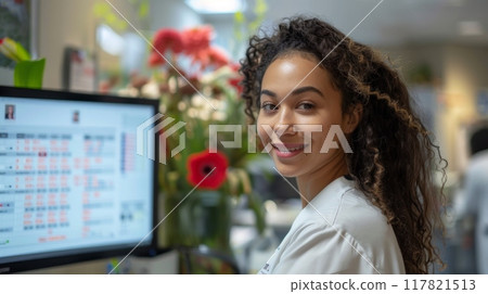 Smiling African-American receptionist in her 20s at a clinic, working on a computer with an appointment calendar Smiling African-American receptionist in her 20s at a clinic, working on a computer with an appointment calendar 117821513