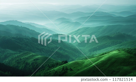 A mesmerizing view of endless rolling green hills covered in dense forests A mesmerizing view of endless rolling green hills covered in dense forests 117821514