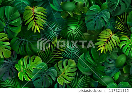Lush tropical foliage pattern with various green leaves, creating a dense and vibrant jungle effect. Lush tropical foliage pattern with various green leaves, creating a dense and vibrant jungle effect. 117821515