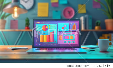 Vibrant digital illustration of a laptop displaying a website with pop-up annotations highlighting SEO strategies 117821516